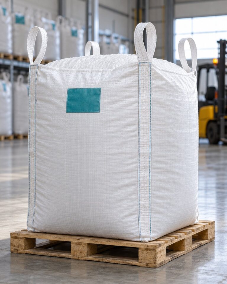 Jumbo bag (FIBC, about 1 tonne) of polymer granules on a pallet
