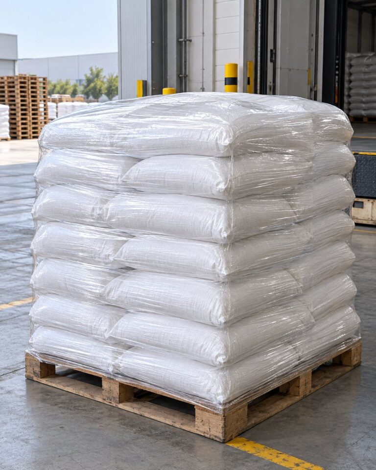 Pallet of 25 kg polymer bags, stretch wrapped for export